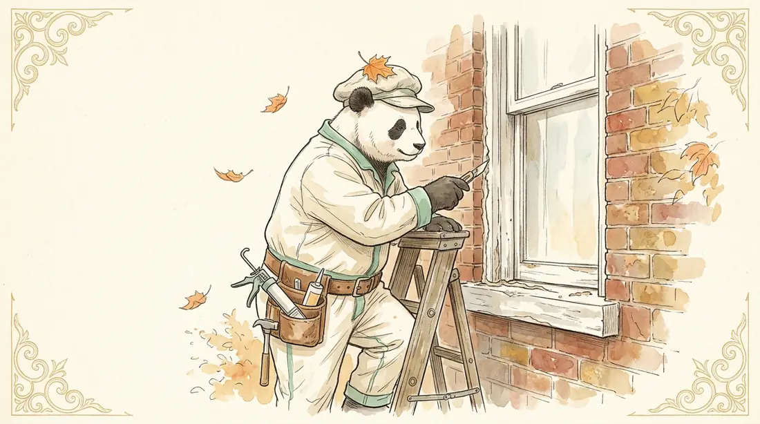Illustration: a painter in white overalls re-caulking a window on a brick wall in autumn