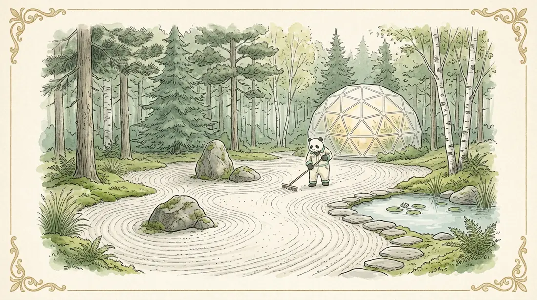 Illustration: a forest garden with raked gravel, a pond and a glowing dome