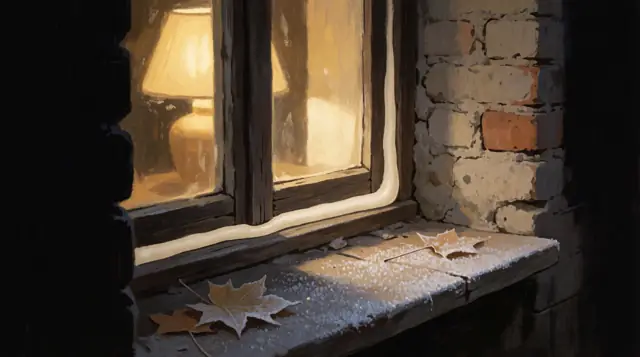 a warm lit window at dusk with a fresh sealant bead around the frame