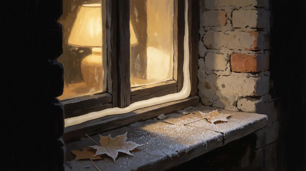Illustration of a warm lit window at dusk with a fresh sealant bead around the frame and autumn leaves on the sill