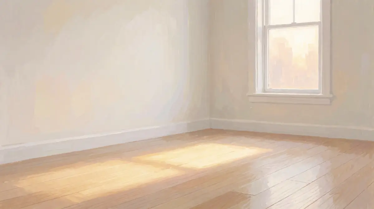 Illustration: a freshly painted, empty room with low, warm sunlight across the floor